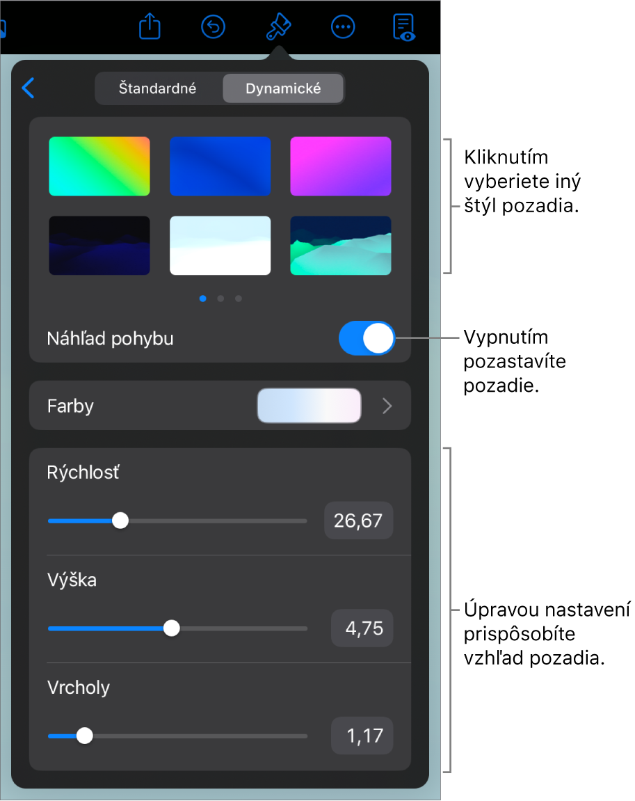 Ovládacie prvky dynamického pozadia so zobrazenými miniatúrami štýlu pozadia, tlačidlom Ukážka pohybu a ovládacími prvkami prispôsobenia.