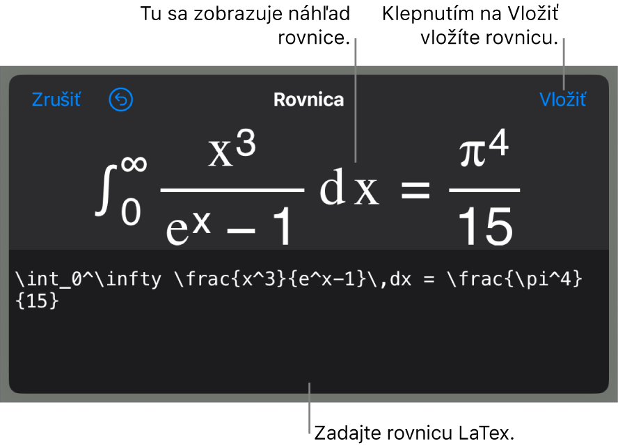Dialógové okno Rovnica zobrazujúce rovnicu napísanú pomocou príkazov LaTeX, vyššie sa nachádza náhľad vzorca.
