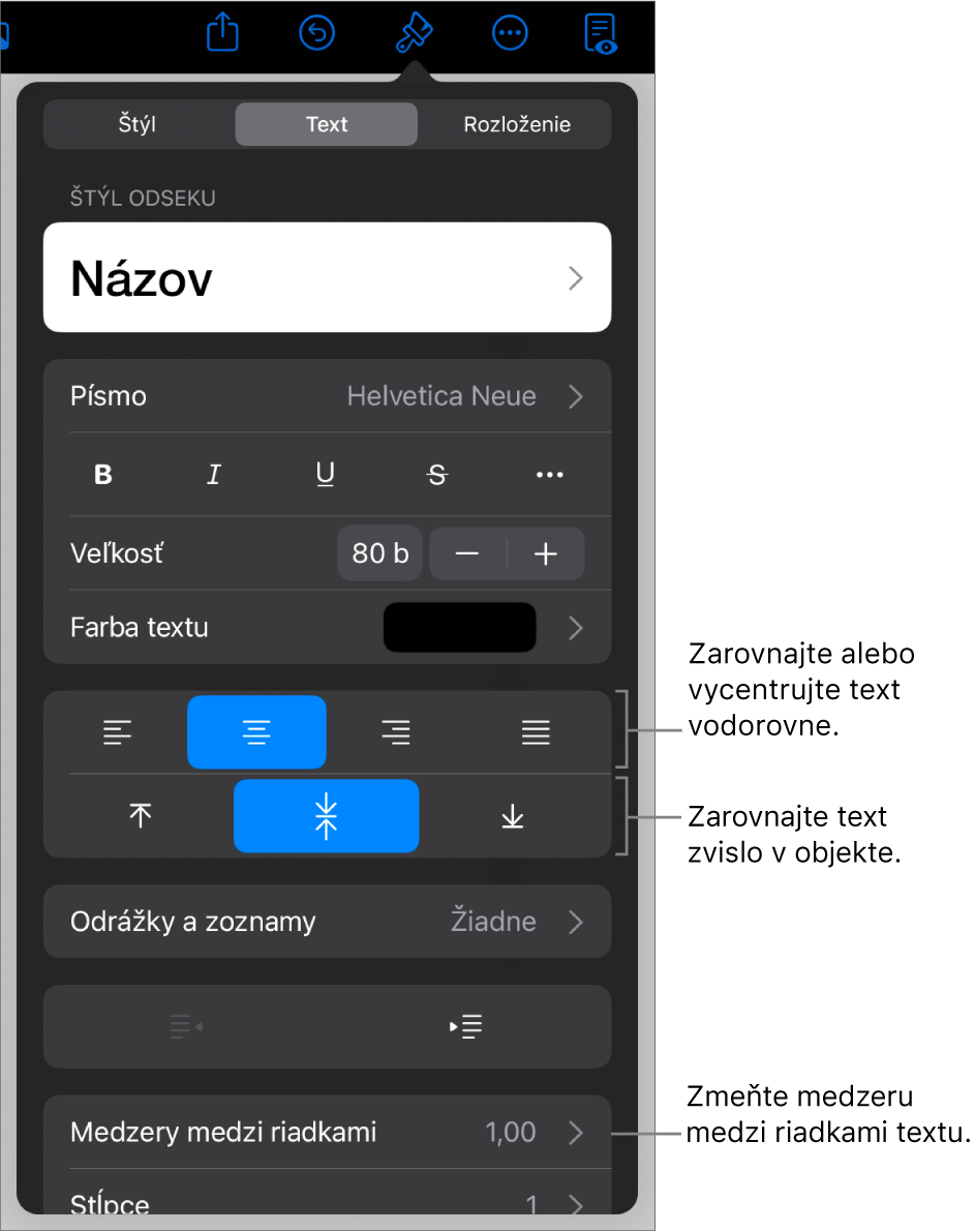 Panel Rozloženie s bublinami popisujúcimi tlačidlá zarovnania textu a tlačidlá na nastavenie medzier.