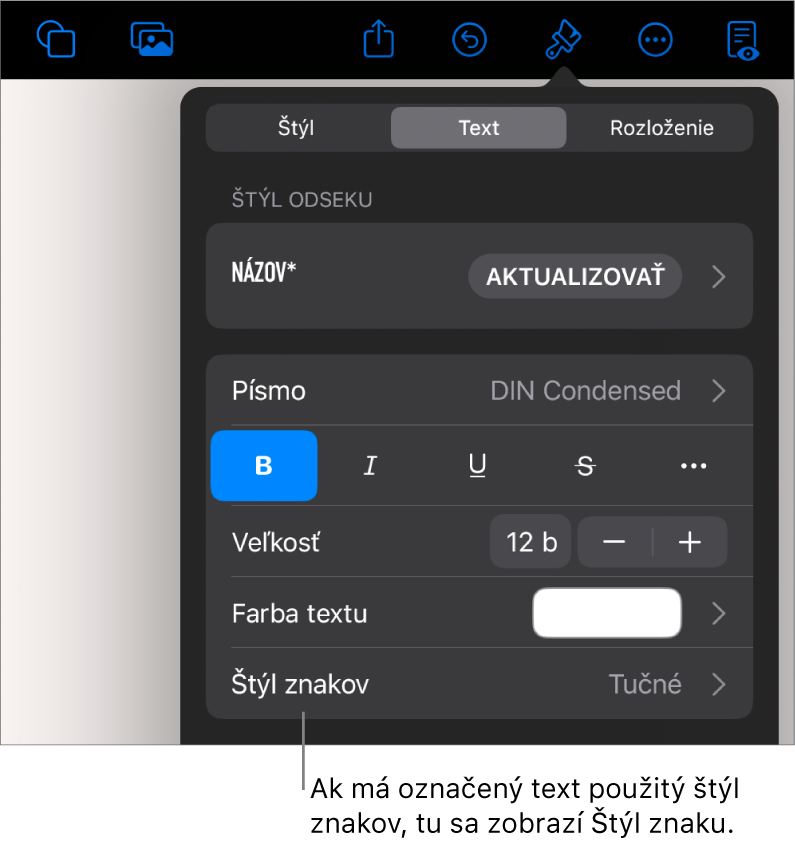 Ovládacie prvky Text s položkou Štýl znakov pod ovládacími prvkami Farba. Štýl znakov Žiadne sa zobrazuje s hviezdičkou.