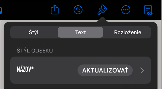 Štýl odseku s hviezdičku a tlačidlom Aktualizovať napravo.