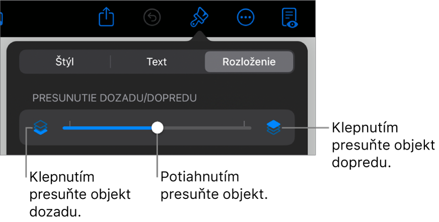 Tlačidlo Presunúť dozadu, tlačidlo Presunúť dopredu a posuvník vrstiev.