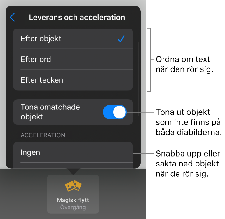 Leverans- och accelerationsalternativ för Magisk flytt i panelen Acceleration.