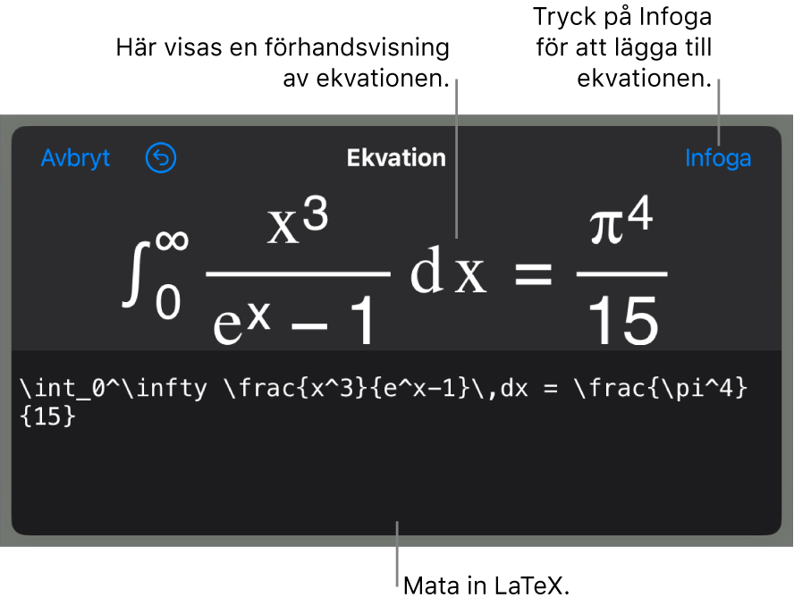 Dialogrutan Ekvation visar en ekvation som skrivits med LaTex-kommandon och en förhandsvisning av formeln ovanför den.