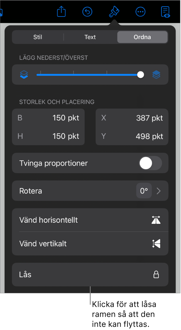 Ordna-reglagen i menyn Format med knappen Lås markerad.
