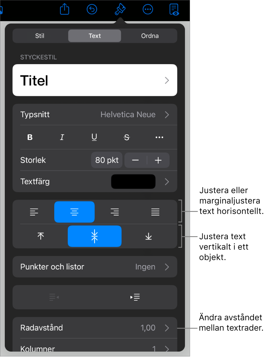 Panelen Layout med linjer som pekar på knapparna för textjustering och mellanrum.