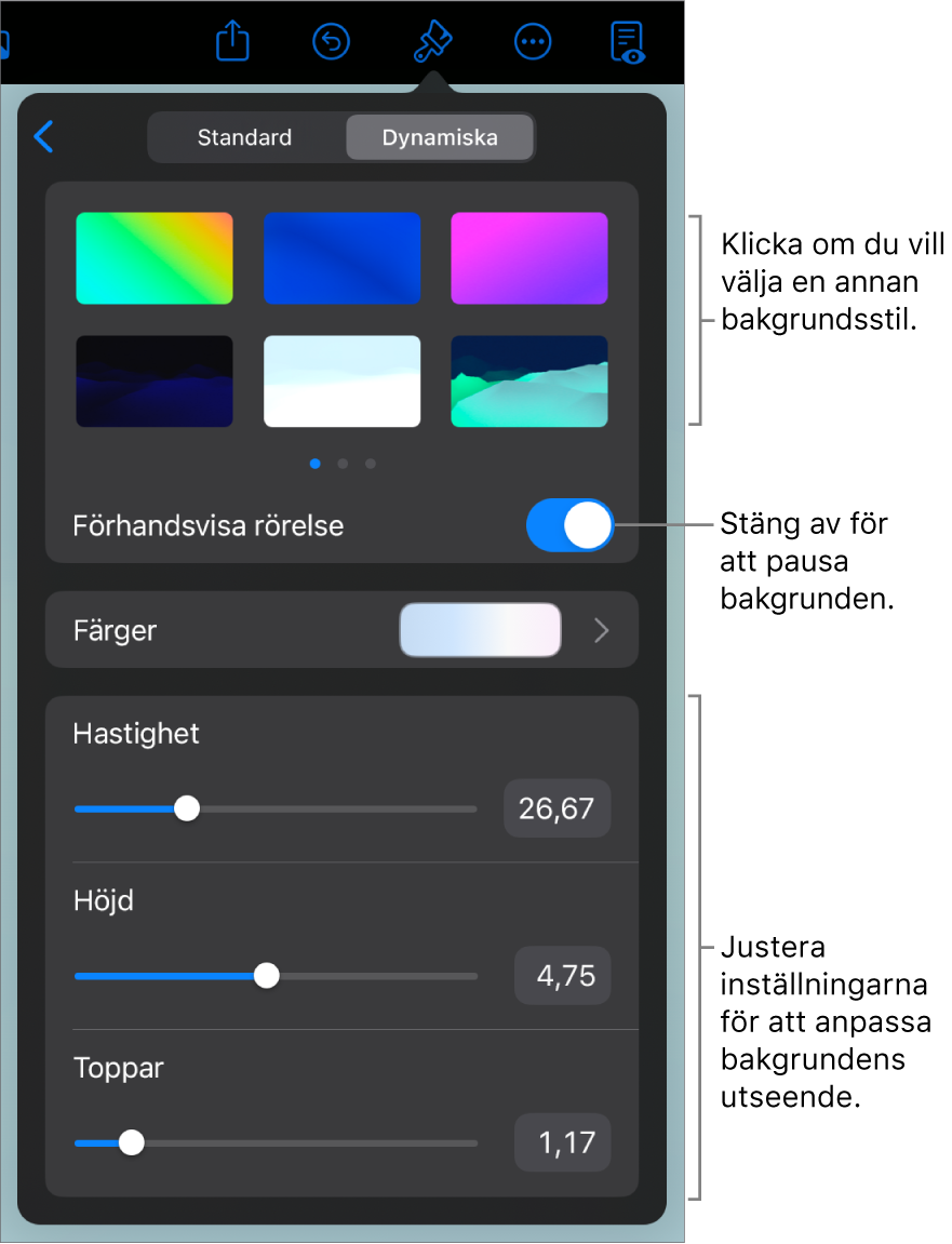 Reglagen för dynamiska bakgrunder med miniatyrer för bakgrundsstilar och knappen Förhandsvisa rörelse och reglage för anpassning synliga.