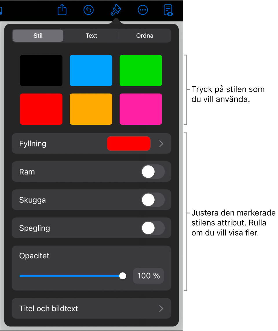 Fliken Stil på menyn Format med objektstilar överst och reglagen under dem för att ändra ramen, skuggor, spegling och opacitet.
