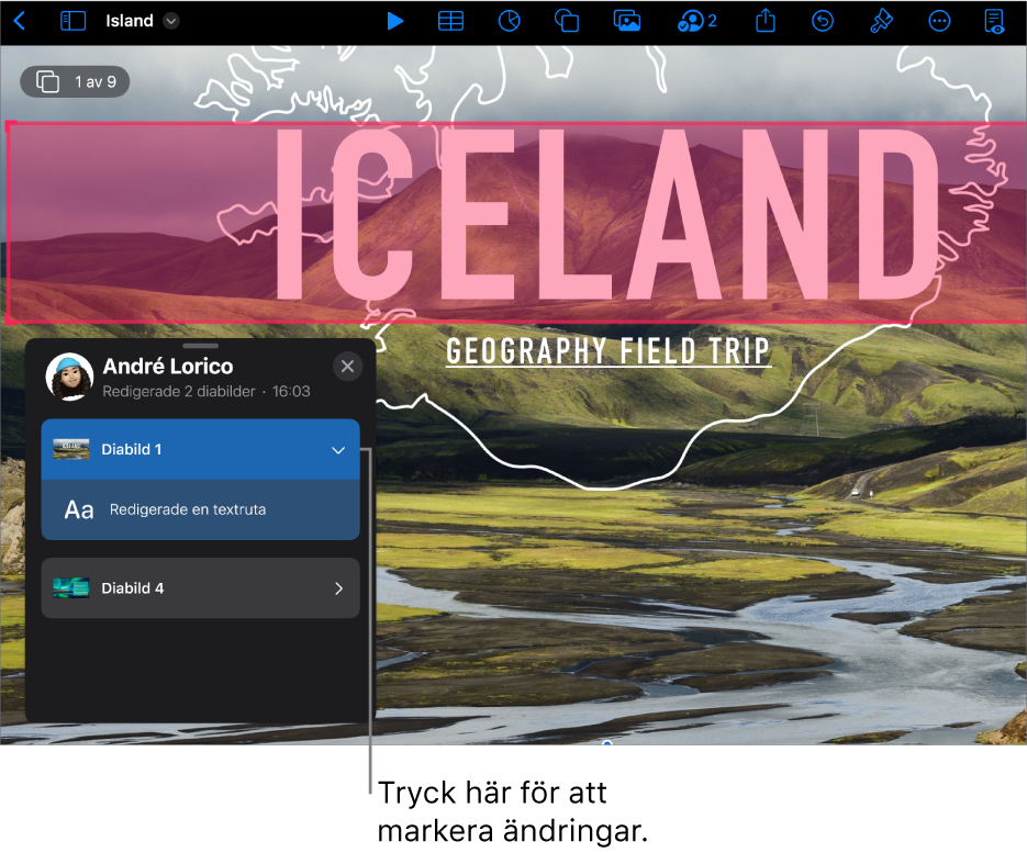 En samarbetspresentation med aktivitetslistan öppen.