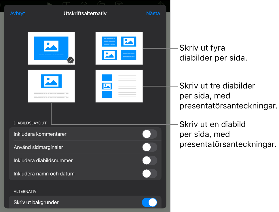 Layoutalternativ för utskrift.