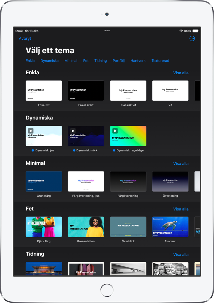 Längs överkanten i temaväljaren visas en rad med kategorier som du kan trycka på om du vill filtrera alternativen. Nedanför finns miniatyrer med fördesignade teman som är arrangerade i rader efter kategori.