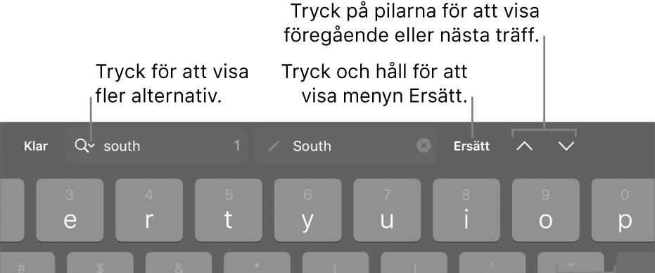 Reglagen för Sök och ersätt ovanför tangentbordet med linjer till knapparna Sökalternativ och Ersätt samt uppåt- och nedåtknapparna.