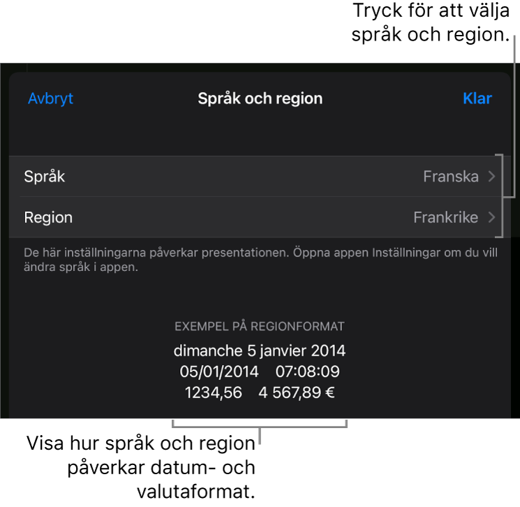 Panelen Språk och region med reglage för språk och region samt ett formatexempel med datum, tid, decimal och valuta.