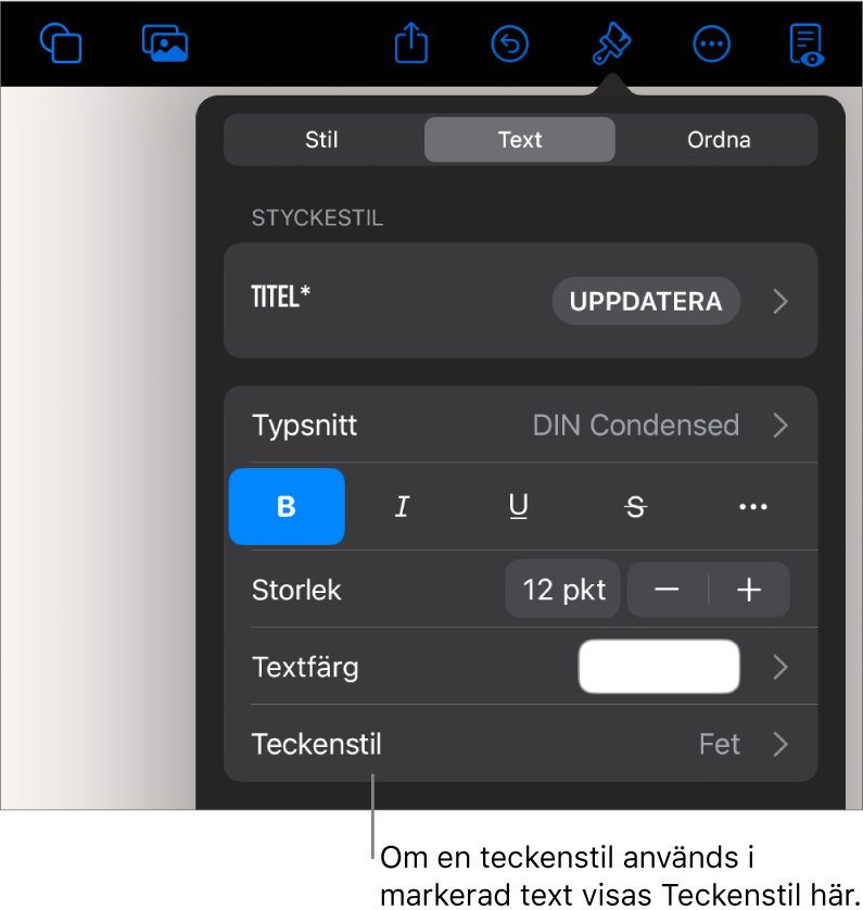 Reglagen för textformatering med Teckenstil under färgreglagen. Teckenstilen Ingen visas med en asterisk.