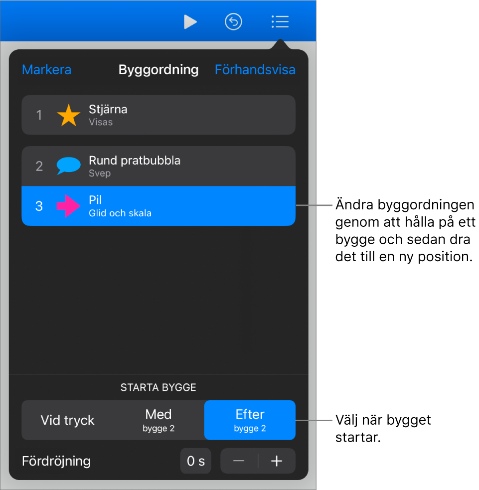 Listan Byggordning visar inbyggningseffekter med gula brickor och utbyggningseffekter med grå brickor.