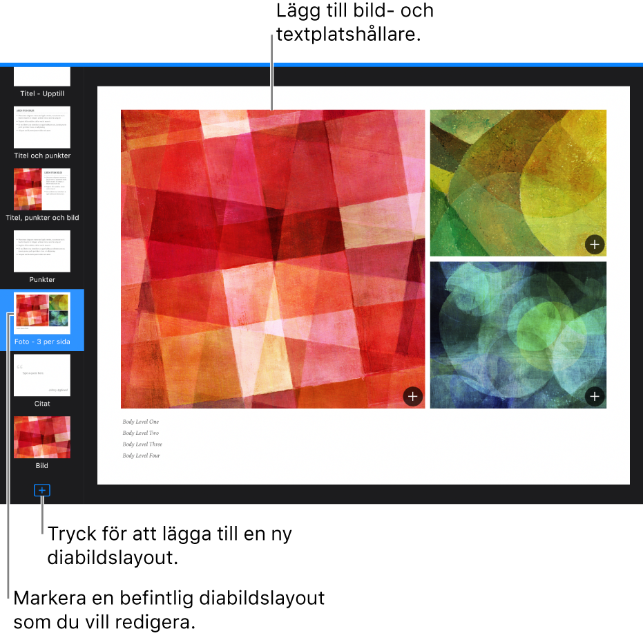 En diabildslayout som visar arbetsytan med knappen Lägg till diabildslayout längst ned i diabildsnavigatorn.