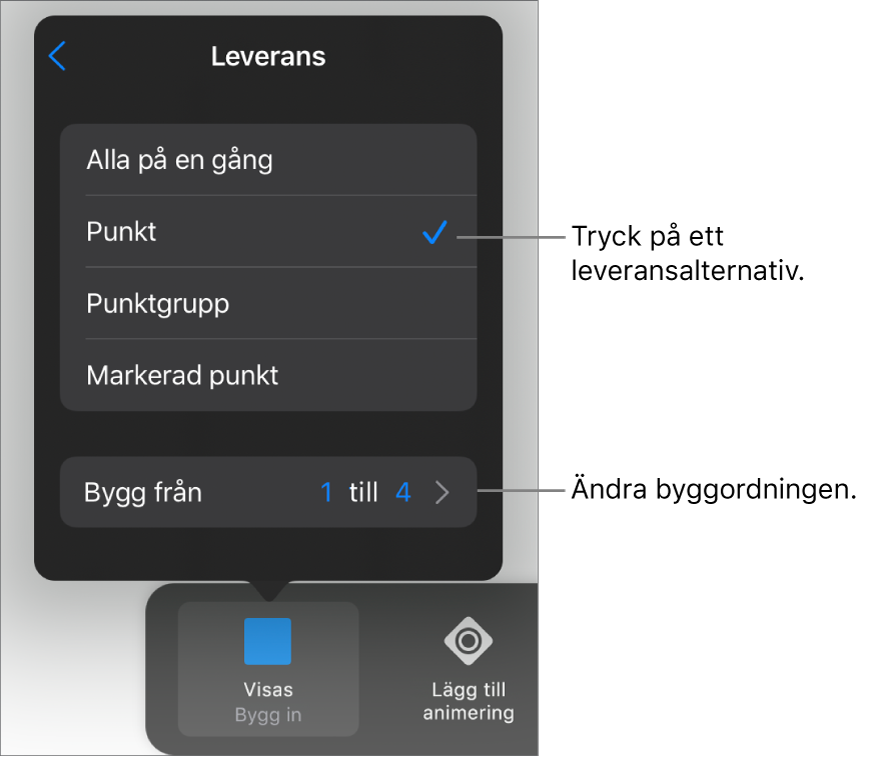 Leveransalternativ på panelen Bygg in.