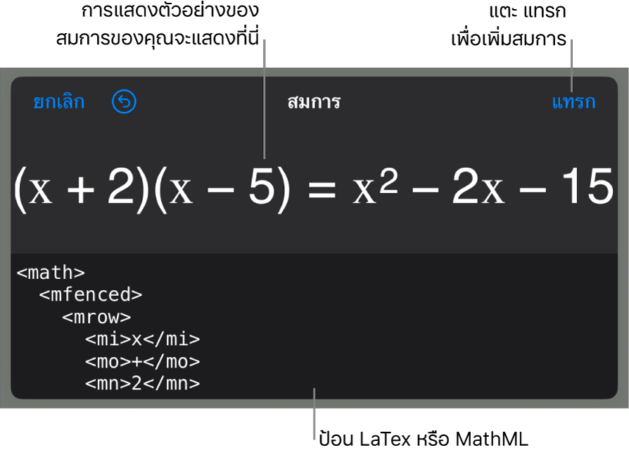 หน้าต่างโต้ตอบสมการ ที่แสดงสมการที่เขียนโดยใช้คำสั่ง MathML และการแสดงตัวอย่างของสูตรด้านบน