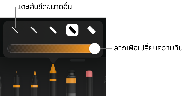 ตัวควบคุมสำหรับเลือกขนาดเส้นขีดและแถบเลื่อนสำหรับปรับความทึบ