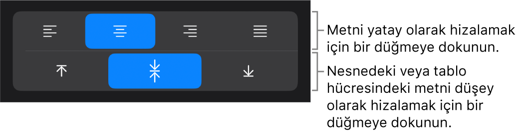 Metin için yatay ve düşey hizalama düğmeleri.