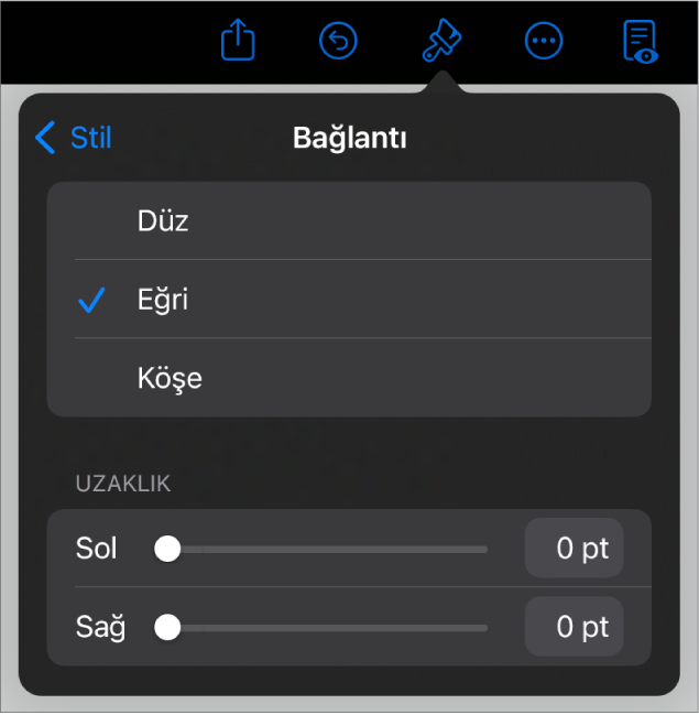 Eğri seçili olan Bağlantı denetimleri.