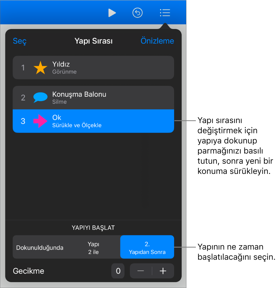 İçeride oluştur efektlerini sarı işaretle ve dışarıda oluştur efektlerini gri işaretle gösteren Yapı Sırası listesi.