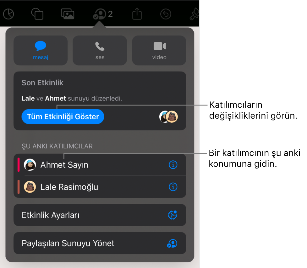 Ortak çalışma menüsünde güncel katılımcılar listeleniyor.