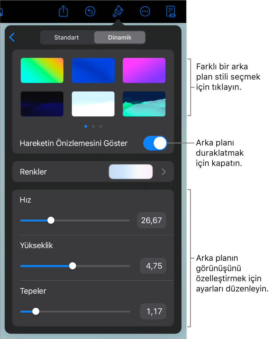 Arka plan stilinde küçük resimlerle dinamik arka plan denetimleri, Hareketin Önizlemesini Göster düğmesi ve özelleştirme denetimleri görüntüleniyor.