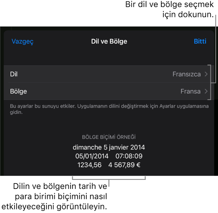 Dil ve bölge denetimleri ve tarih, saat, ondalık ve para birimi de dahil olmak üzere bir biçim örneği ile Dil ve Bölge bölümü.