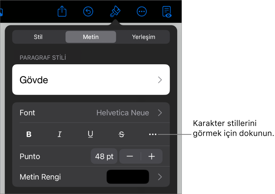 En üstteki paragraf stilleri ile Biçim denetimleri, ardından Font denetimleri. Font’un altında Kalın, İtalik, Altı Çizgili, Üstü Çizgili ve Daha Fazla Metin Seçeneği düğmeleri bulunur.