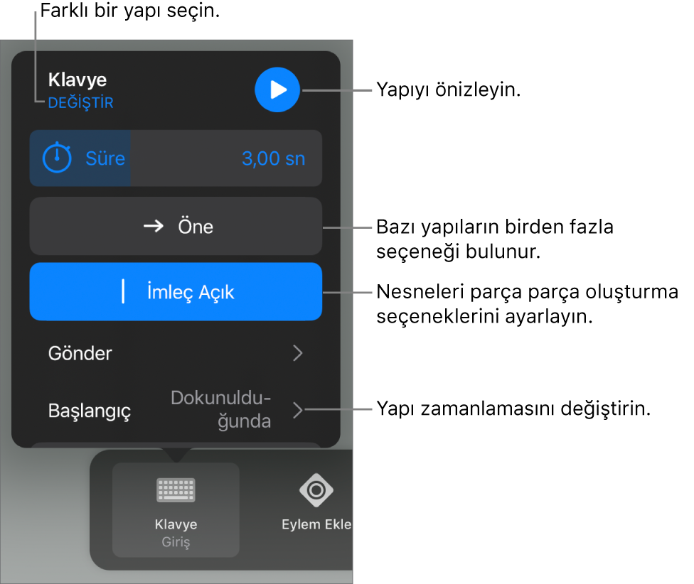 Yapı seçenekleri Süre, Gönderim ve Zamanlamayı başlat’ı içerir. Farklı bir yapı seçmek için Değiştir’e, yapıyı önizleme için Önizleme’ye dokunun.