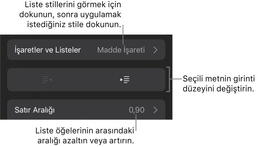 Madde İşaretleri ve Listeler, çıkıntı ve girinti düğmeleri ve de satır aralığı denetimlerini gösteren belirtme çizgileri ile Biçim denetimlerinin Madde İşaretleri ve Listeler bölümü.