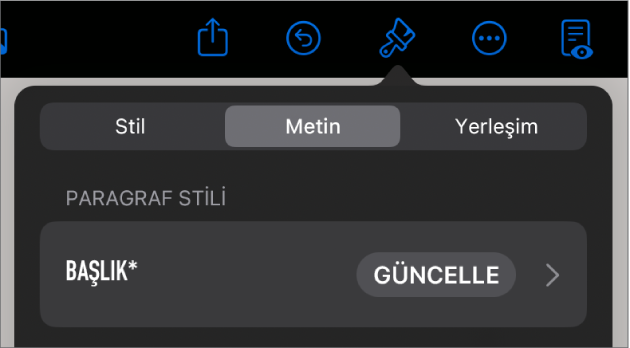 Yanında yıldız ve sağda Güncelle düğmesinin olduğu bir paragraf stili.