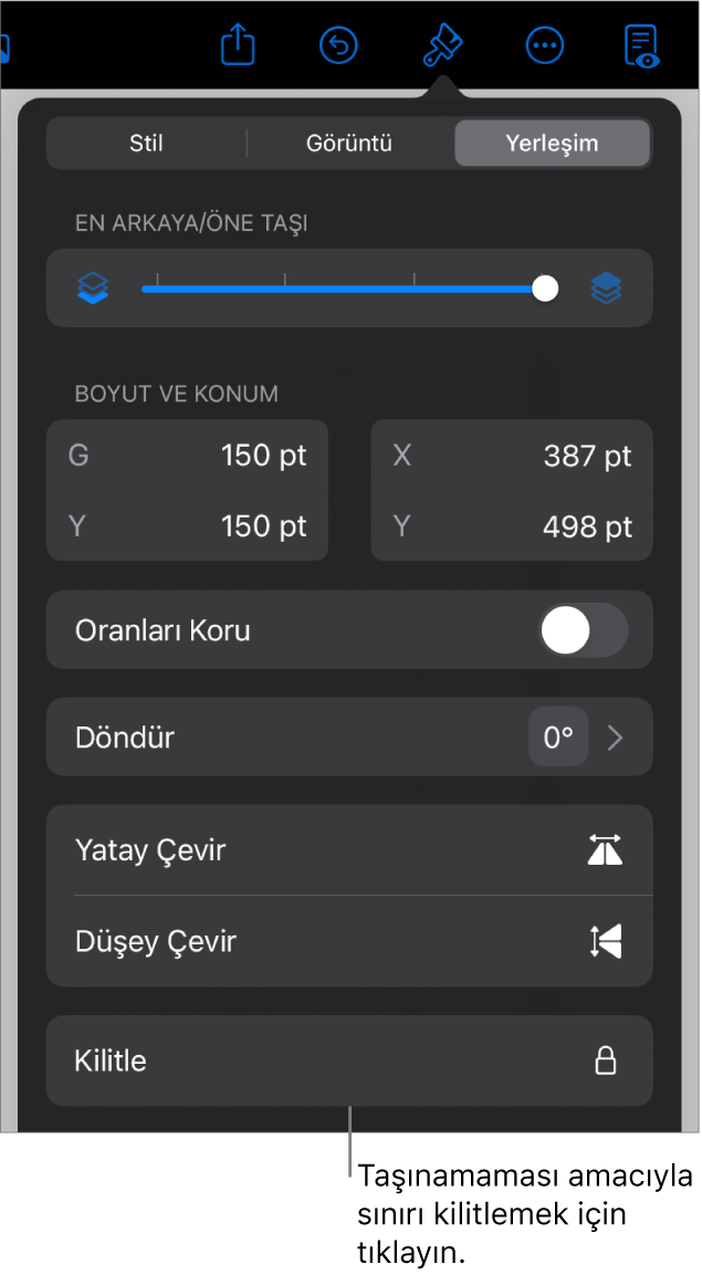 Kilitle düğmesi belirtilmiş olarak Biçim menüsündeki Yerleştir denetimleri.