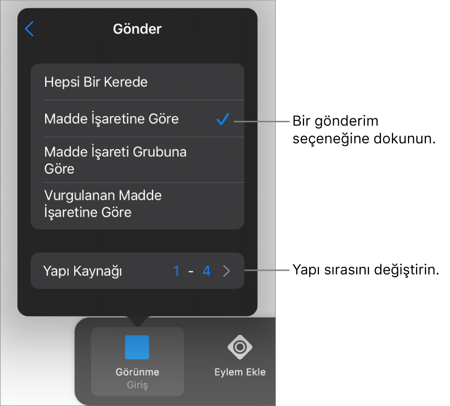 İçeride Oluştur bölmesindeki gönderim seçenekleri.