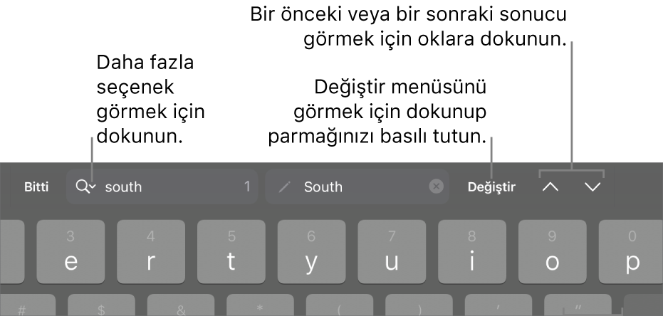 Arama Seçenekleri, Değiştir, Yukarı Git ve Aşağı Git düğmelerine belirtme çizgileriyle klavyenin üst tarafındaki Bul ve Değiştir denetimleri.