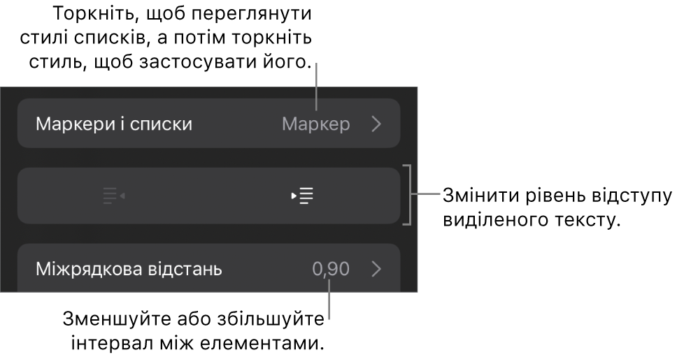 Розділ «Маркери і списки» елементів керування «Формат» з виносками на «Маркери і списки», кнопки виступів і відступів та елементи керування інтервалами.