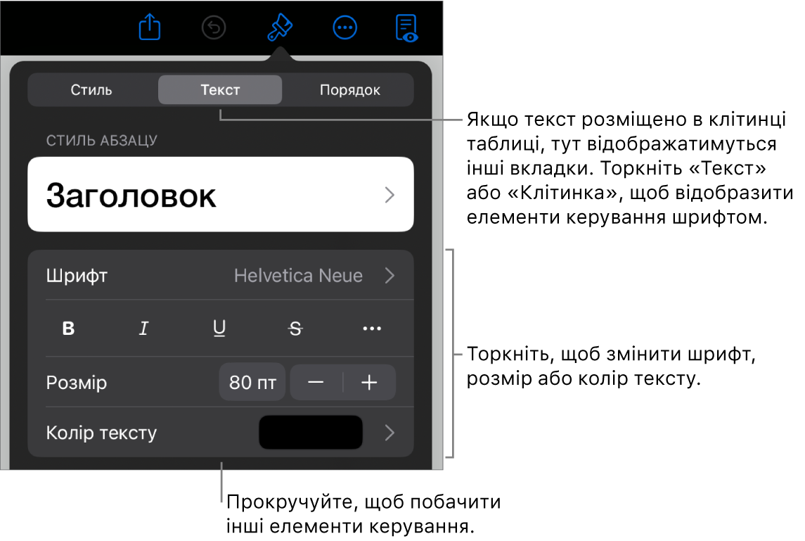 Елементи керування текстом у меню «Формат» для настроювання стилів абзацу й символів, шрифту, розміру та кольору.