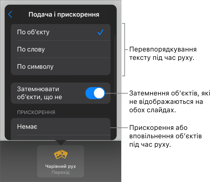 Опції подачі й прискорення «чарівного руху» на панелі «Прискорення».