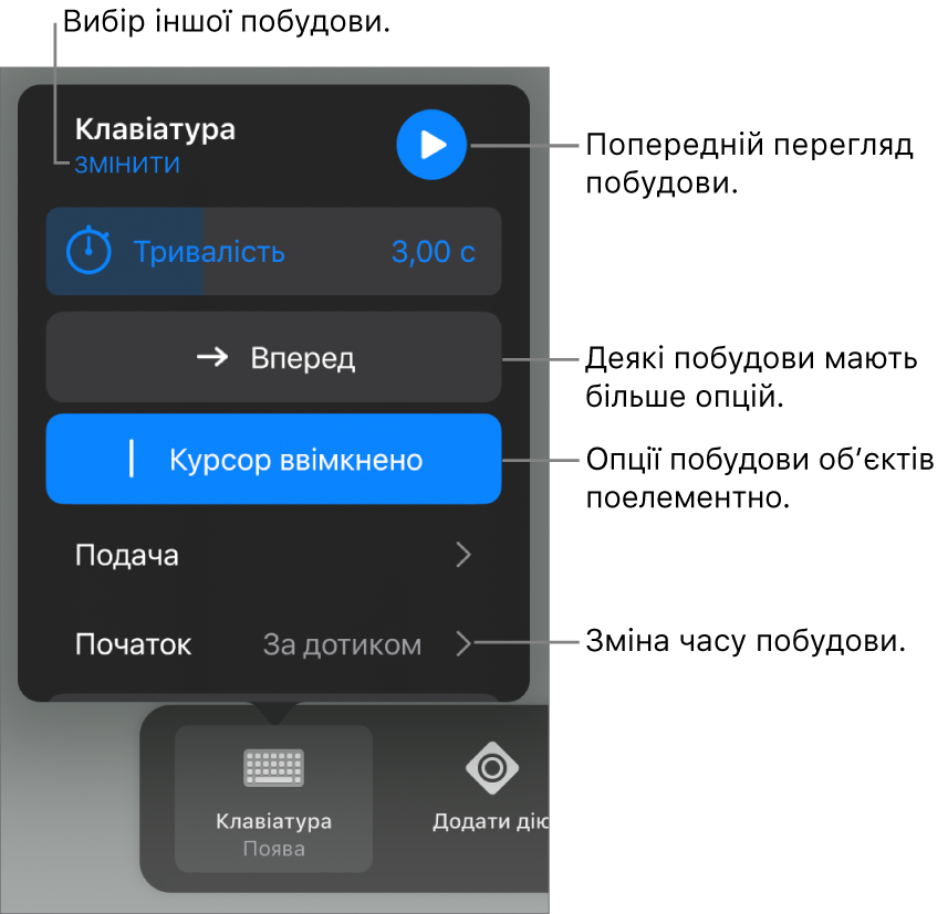 Опції побудови, включно з хронометражем «Тривалість», «Подавання» і «Початок». Торкніть «Змінити», щоб обрати іншу побудову, або «Попередній перегляд», щоб переглянути побудову.