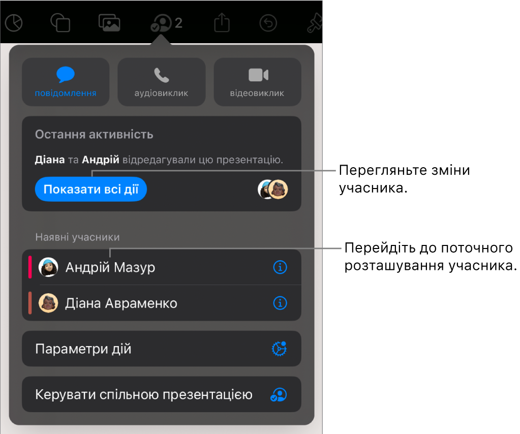 Меню «Співпраця», у якому зазначені поточні учасники.
