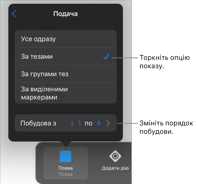 Опції «Подавання» на панелі «Поява».