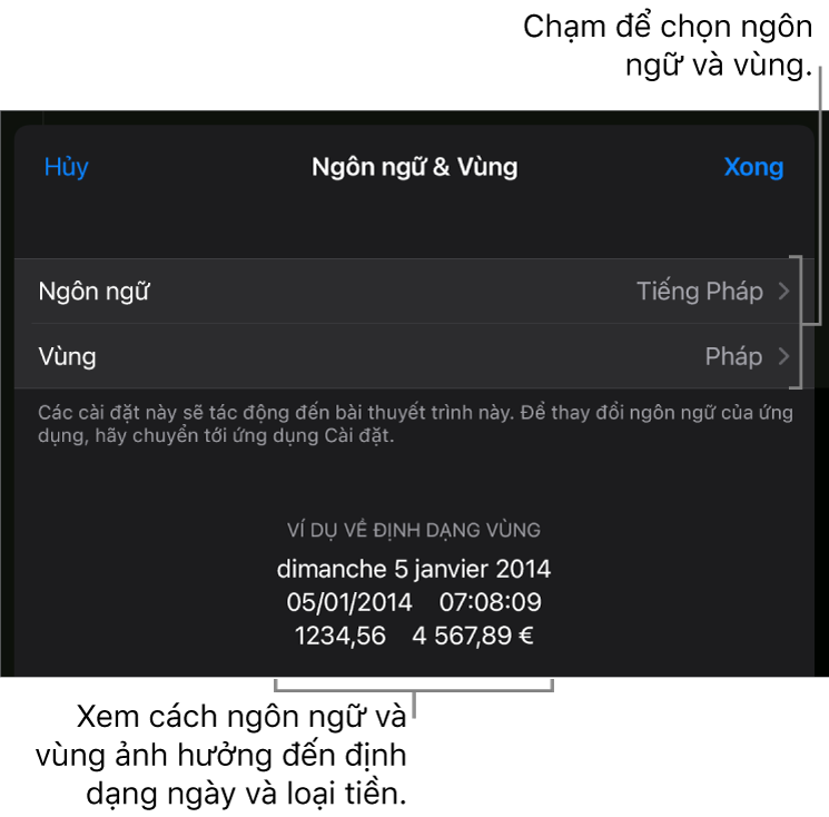 Khung Ngôn ngữ và Vùng với các điều khiển cho ngôn ngữ và vùng và ví dụ về định dạng bao gồm ngày, giờ, phần thập phân và loại tiền.