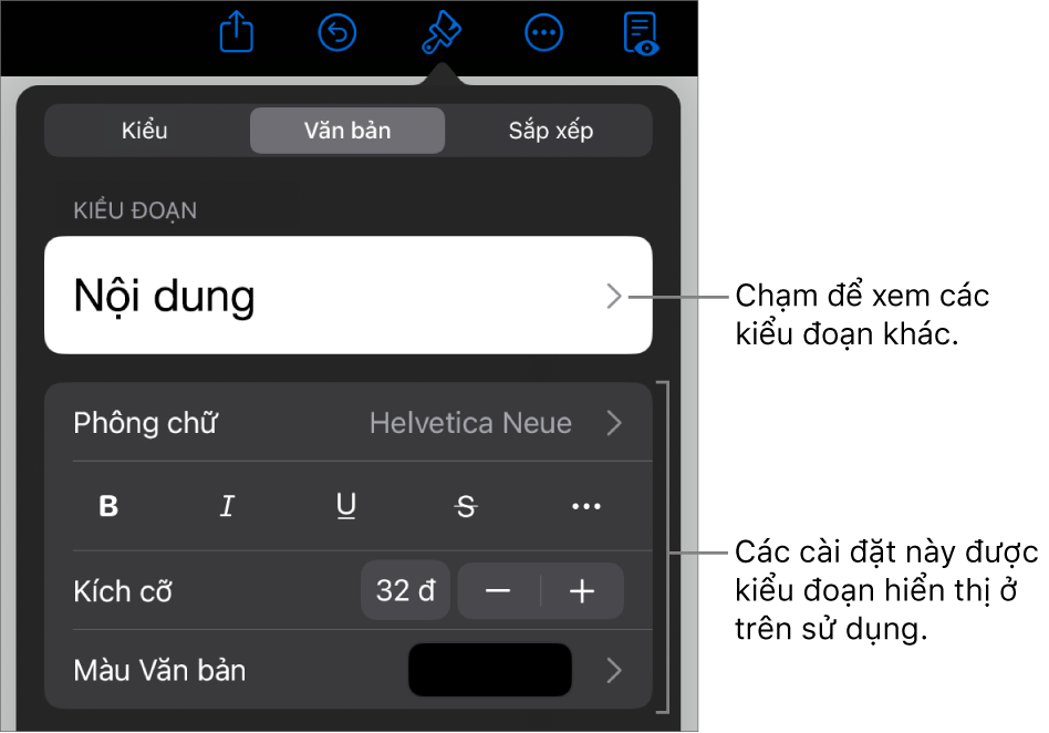 Menu Định dạng đang hiển thị các điều khiển văn bản để đặt kiểu, phông chữ, kích cỡ và màu của đoạn và ký tự.