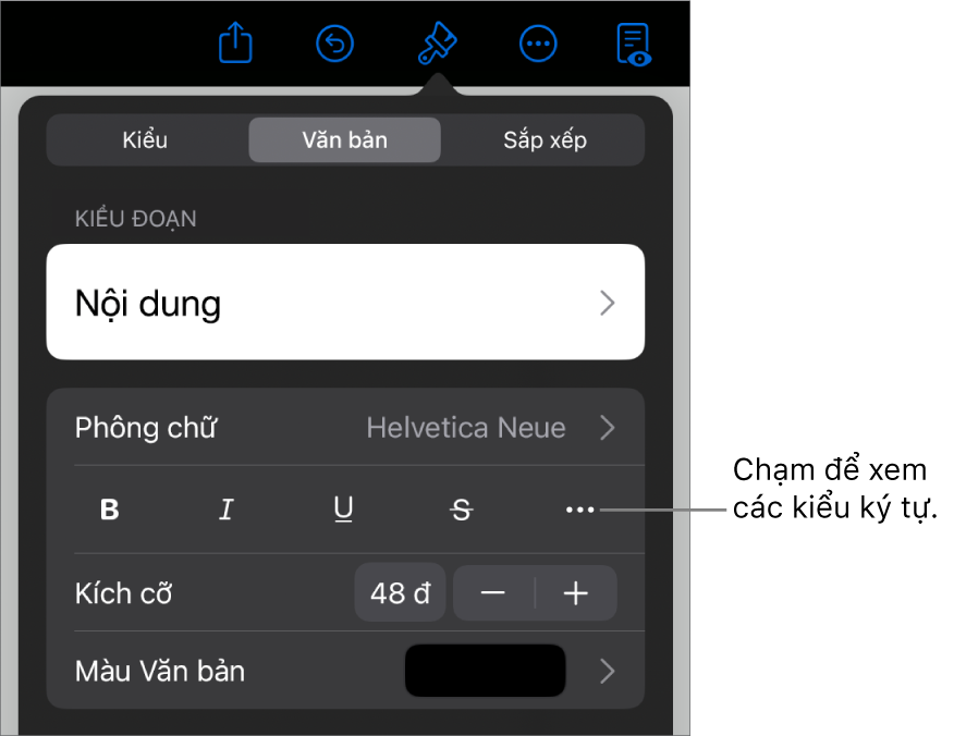 Các điều khiển Định dạng với các kiểu đoạn ở trên cùng, sau đó là các điều khiển Phông chữ. Bên dưới Phông chữ là các nút In đậm, In nghiêng, Gạch chân, Gạch xuyên và Tùy chọn văn bản khác.