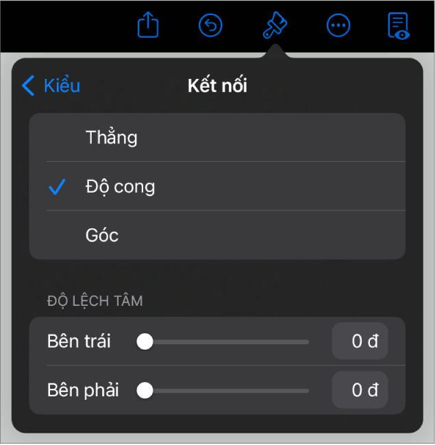 Các điều khiển Kết nối với Cong được chọn.