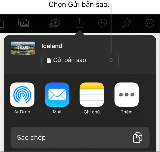 Menu Chia sẻ với Gửi bản sao được chọn ở trên cùng.