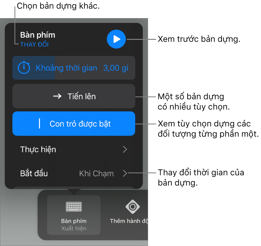 Các tùy chọn bản dựng bao gồm Thời lượng, Thực hiện và Định thời gian bắt đầu. Chạm vào Thay đổi để chọn bản dựng khác hoặc chạm vào Xem trước để xem trước bản dựng.