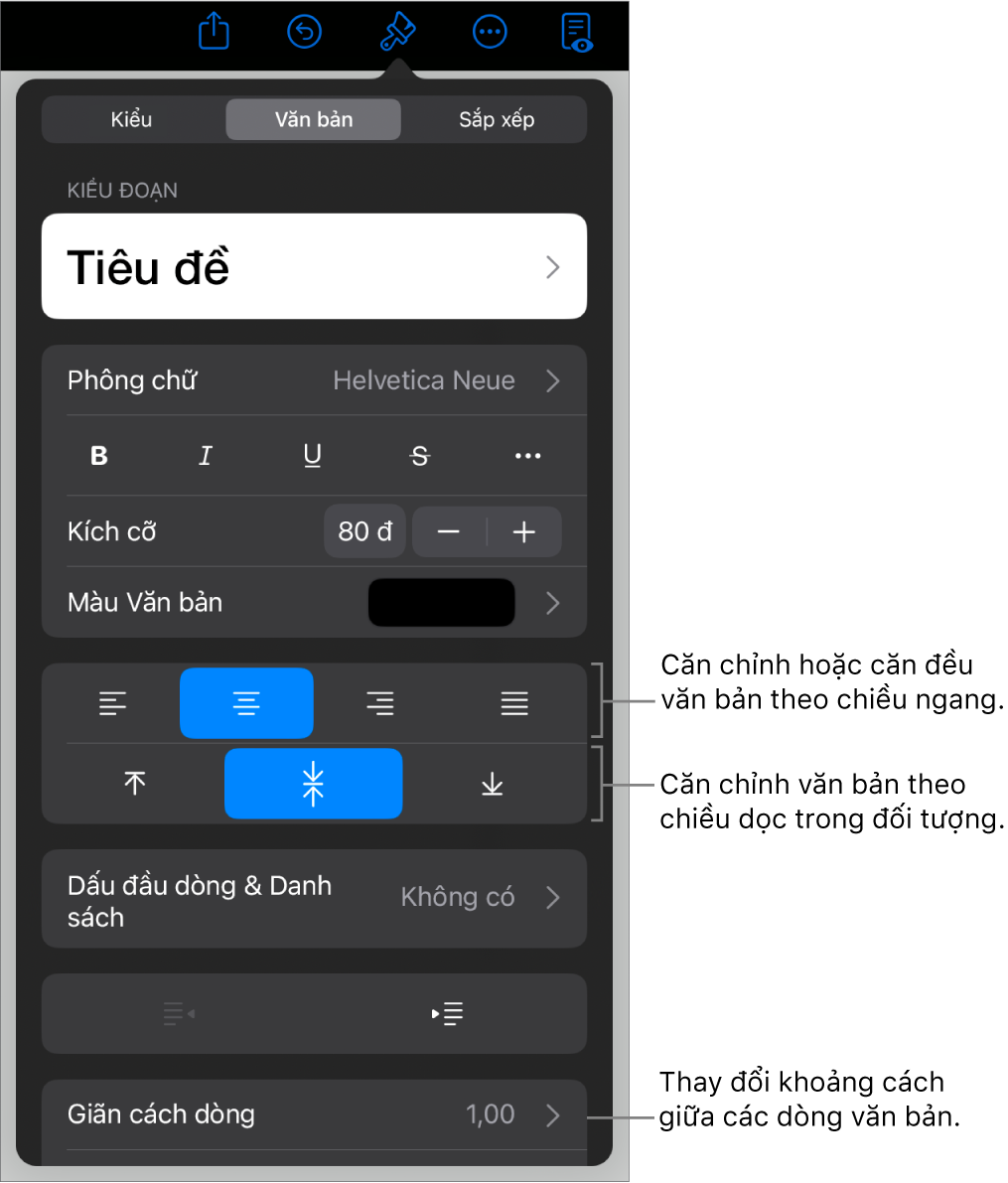 Khung Bố cục với các lời nhắc đến các nút căn chỉnh văn bản và giãn cách.