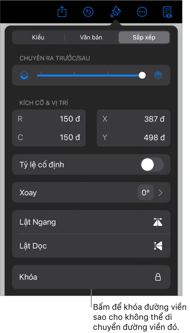 Các điều khiển Sắp xếp trong menu Định dạng với nút Khóa được gọi ra.